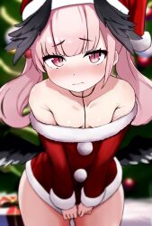 Rule 34 | 1girl, aori (binnoaori), blue archive, blunt bangs, blush, bottomless, breasts, christmas, christmas tree, collarbone, covering privates, covering crotch, dress, hair bobbles, hair ornament, hat, head wings, highres, koharu (blue archive), looking at viewer, pink eyes, pink hair, red dress, santa hat, small breasts, solo, twintails, wings