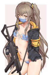 Rule 34 | 1girl, absurdres, armband, bad id, bad pixiv id, black gloves, black jacket, breasts, brown eyes, brown hair, collarbone, coronavirus pandemic, fingerless gloves, girls&#039; frontline, gloves, greentree, hair between eyes, highres, hood, hooded jacket, jacket, long hair, long sleeves, looking at viewer, mask, mask bikini, mask on breasts, mask on groin, mouth mask, navel, one side up, open clothes, open jacket, scar, scar across eye, scar on face, simple background, small breasts, solo, stomach, surgical mask, trigger discipline, ump45 (girls&#039; frontline), very long hair, white background
