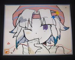 Rule 34 | 1other, androgynous, blue hair, blunt bangs, blush stickers, boli yan moni qi, brown headband, brown headwear, card, chinese commentary, closed mouth, commentary request, flipnote studio (medium), hat, headband, highres, holding, holding card, len&#039;en, looking at viewer, one eye closed, other focus, parted bangs, photo (medium), purple eyes, see-through, see-through sleeves, senri haiji, short hair, short sleeves, simple background, single blush sticker, smile, solo, sparkle, striped clothes, striped headwear, striped tank top, tank top, upper body, white background, white tank top