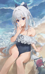 Rule 34 | 1girl, absurdres, bare shoulders, beach, black ribbon, blue archive, blue one-piece swimsuit, bow, casual one-piece swimsuit, cellphone, center frills, closed mouth, commentary, frilled one-piece swimsuit, frills, hair between eyes, hair bow, halo, hand on own face, highres, long hair, looking at viewer, miyako (blue archive), miyako (swimsuit) (blue archive), muhan (user azze8777), official alternate costume, one-piece swimsuit, phone, ponytail, purple eyes, ribbon, sand, sitting, solo, swimsuit, thighs, water, white hair