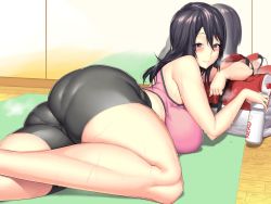 Rule 34 | 1girl, ass, bike shorts, black hair, blush, breasts, brown eyes, covered erect nipples, curvy, hakai shin, large breasts, long hair, looking at viewer, lying, on stomach, pantylines, skindentation, smile, solo, sweat, thick thighs, thighs, wide hips