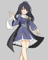 Rule 34 | 1girl, :d, armor, bare legs, black hair, blue dress, breasts, brown eyes, commentary request, dress, eyes visible through hair, feet out of frame, grey background, hand up, hat, hekkmushi, highres, iizunamaru megumu, juliet sleeves, knees together feet apart, long hair, long sleeves, looking at viewer, open mouth, pauldrons, puffy sleeves, shoulder armor, simple background, single pauldron, sleeves past elbows, small breasts, smile, solo, tokin hat, touhou, w