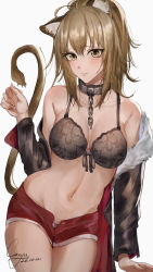 Rule 34 | 1girl, animal ears, arknights, blonde hair, blush, bra, breasts, chain, closed mouth, collar, commentary, cowboy shot, cozyu, dated, embarrassed, english commentary, front-tie bra, grey bra, grey jacket, hand up, highres, jacket, large breasts, lion ears, lion tail, long hair, long sleeves, looking at viewer, metal collar, micro shorts, navel, off shoulder, open clothes, open shorts, red shorts, shorts, siege (arknights), signature, simple background, solo, tail, tail raised, underwear, white background, yellow eyes