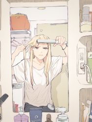 Rule 34 | 1girl, arita sakiko, bathroom, blonde hair, blue eyes, bracelet, cellphone, closed mouth, clothes hanger, collarbone, comb, door, hair straightener, hands up, hello melancholic!, highres, holding, holding own hair, indoors, jewelry, long hair, looking at viewer, mirror, oosawa yayoi, phone, reflection, shampoo bottle, shirt, short sleeves, smartphone, solo, toothbrush, upper body, white shirt