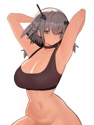 Rule 34 | 1girl, absurdres, arknights, arms up, black choker, black sports bra, bottomless, breasts, choker, cleavage, distr, feather hair, green eyes, grey hair, greythroat (arknights), groin, hair between eyes, hair ornament, highres, large breasts, long hair, looking at viewer, navel, out-of-frame censoring, short hair, simple background, solo, sports bra, sweat, upper body, white background
