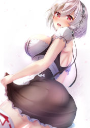 Rule 34 | 1girl, absurdres, ass, azur lane, black ribbon, blush, breasts, choker, cleavage, clothes lift, commentary request, dress, dress lift, frilled choker, frills, hair between eyes, hairband, highres, imo bouya, lace-trimmed hairband, lace trim, large breasts, leg ribbon, lifting own clothes, looking at viewer, maid, open mouth, pantylines, petals, puffy sleeves, red eyes, red ribbon, ribbon, see-through, short hair, short sleeves, simple background, sirius (azur lane), skirt, skirt lift, solo, teeth, thighhighs, thighs, upper teeth only, white background, white hair, white thighhighs