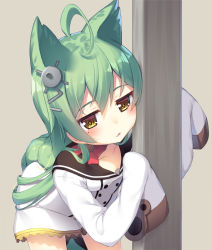 Rule 34 | 1girl, ahoge, akashi (azur lane), animal ears, arm up, azur lane, bell, blush, bow, braid, breasts, brown background, brown eyes, brown sailor collar, cat ears, collarbone, commentary request, cowboy shot, downblouse, dress, green hair, hair between eyes, hair ornament, hand up, head tilt, highres, jingle bell, leaning forward, long hair, long sleeves, looking at viewer, mole, mole under eye, olive (laai), red bow, sailor collar, sidelocks, simple background, single braid, sleeves past fingers, sleeves past wrists, small breasts, solo, very long hair, white dress