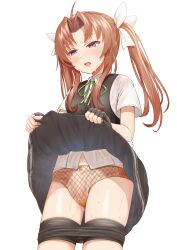 Rule 34 | 1girl, black skirt, black vest, brown hair, clothes lift, collared shirt, hair ribbon, highres, kagerou (kancolle), kagerou kai ni (kancolle), kantai collection, lifted by self, long hair, panties, pleated skirt, purple eyes, ribbon, shirt, short sleeves, simple background, skirt, skirt lift, solo, twintails, underwear, vest, white background, white ribbon, white shirt, zuki