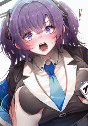 Rule 34 | 1girl, 1other, absurdres, blue archive, blue necktie, breasts, doyoon 7, formal, halo, highres, large breasts, long hair, mechanical halo, necktie, purple eyes, purple hair, simple background, solo focus, suit, two side up, white background, yuuka (blue archive)