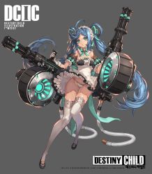 Rule 34 | absurdres, bare shoulders, blue hair, breasts, destiny child, frilled skirt, frills, gatling gun, gloves, green eyes, hair ribbon, highres, kim hyung tae, maid, maid headdress, mars (destiny child), panties, ribbon, simple background, skirt, small breasts, tagme, thighhighs, twintails, underwear, white gloves