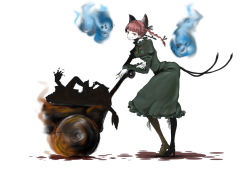 Rule 34 | 1girl, animal ears, boots, bow, braid, buroko, cart, cat ears, cat girl, cat tail, dress, female focus, full body, green dress, hair bow, high heels, kaenbyou rin, multiple tails, pantyhose, red eyes, red hair, shoes, short hair, skull, smile, solo, tail, touhou, twin braids, white background