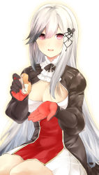 Rule 34 | 1girl, asymmetrical hair, azur lane, bad id, bad pixiv id, breasts, butterfly hair ornament, cleavage, cleavage cutout, clothing cutout, collar, commentary, doughnut, dress, dunkerque (azur lane), ekuramani, food, frilled collar, frills, gloves, hair between eyes, hair ornament, highres, holding, holding food, long hair, long sleeves, looking at viewer, open mouth, pink eyes, pleated dress, pleated skirt, red gloves, sidelocks, silver hair, sitting, skirt, smile, solo, very long hair