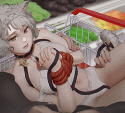 Rule 34 | 1boy, 1girl, animal ears, blurry, blurry background, bound, bound wrists, brown eyes, carrying, cat ears, cat tail, collar, grey hair, leash, midriff, navel, open mouth, original, panties, princess carry, rope, short hair, stomach, strap slip, tail, tank top, teemu taiga, underwear, white panties