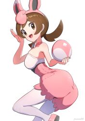 Rule 34 | 1girl, alternate costume, ass, ass focus, bare shoulders, blush, breasts, brown eyes, brown hair, cosplay, creatures (company), easter, easter bunny, easter egg, egg, from behind, game freak, gen 1 pokemon, gonzarez, highres, huge ass, long hair, looking at viewer, low twintails, lyra (pokemon), medium breasts, nintendo, open mouth, pokemon, pokemon hgss, short shorts, shorts, sideboob, smile, solo, thighhighs, twintails, wigglytuff, wigglytuff (cosplay)