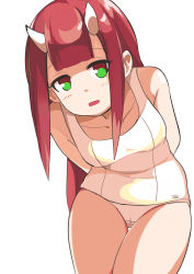 Rule 34 | 1girl, arms behind back, bad id, bad pixiv id, brown hair, green eyes, highres, horns, leaning forward, long hair, one-piece swimsuit, open mouth, original, solo, surio, swimsuit, thigh gap, white one-piece swimsuit