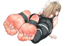 Rule 34 | 1girl, barefoot, blue eyes, blush, eunie (xenoblade), feet, foot focus, kukoi, light brown hair, long hair, looking at viewer, looking back, lying, on stomach, open mouth, soles, stirrup legwear, toeless legwear, toes, xenoblade chronicles (series), xenoblade chronicles 3