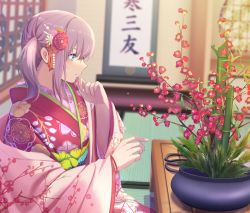 Rule 34 | 1girl, 3 small spiders, absurdres, ar-57 (girls&#039; frontline), ar-57 (with the three friends of winter) (girls&#039; frontline), blue eyes, blush, closed mouth, floor, flower, girls&#039; frontline, hair flower, hair ornament, highres, japanese clothes, kimono, long hair, looking away, official alternate costume, on floor, pink hair, pink kimono, profile, side ponytail, solo, table, upper body