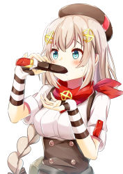 Rule 34 | 1girl, absurdres, beret, blue eyes, braid, breasts, brown hat, candy, chocolate, chocolate bar, eating, fnc (girls&#039; frontline), food, girls&#039; frontline, gloves, hair ornament, hat, highres, long braid, long hair, medium breasts, mutugorou u, platinum blonde hair, sexually suggestive, short sleeves, single braid, solo, striped clothes, striped gloves, upper body, very long hair