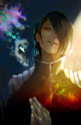 Rule 34 | 1boy, black hair, black jacket, blurry, blurry background, flower, furuta nimura, grin, hair over one eye, hands up, highres, jacket, kyuuba melo, male focus, mole, mole under eye, own hands together, palms together, red eyes, short hair, smile, solo, teeth, tokyo ghoul, tokyo ghoul:re