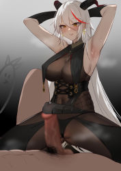 Rule 34 | 1boy, 1girl, absurdly long hair, aegir (azur lane), armpits, arms behind head, azur lane, black gloves, black panties, bodystocking, breast curtains, breasts, covered erect nipples, covered navel, cross, cross earrings, demon horns, earrings, fishnets, gloves, gradient background, grey background, highres, horns, impossible clothes, iron cross, jewelry, long hair, male pubic hair, multicolored hair, orange eyes, panties, penis, precum, pubic hair, red hair, simple background, skin tight, skindentation, smile, spread legs, straddling, streaked hair, tiankong pie ai, two-tone hair, underwear, very long hair, white hair