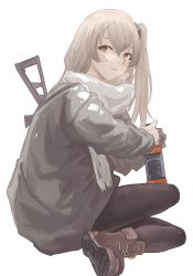 Rule 34 | 1girl, alcohol, black pants, black pantyhose, boots, brown hair, brown jacket, girls&#039; frontline, gun, highres, jack daniel&#039;s, jacket, long hair, looking at viewer, one side up, pants, pantyhose, scar, scar across eye, scar on face, solo, submachine gun, ump45 (girls&#039; frontline), weapon, white background, yao yang