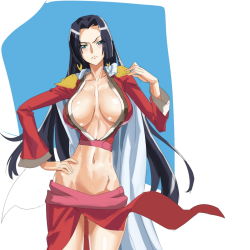 Rule 34 | 1girl, angry, black hair, blue eyes, blush, boa hancock, breasts, cleavage, earrings, hand on own hip, hip focus, huge breasts, jewelry, large breasts, long hair, makacoon, midriff, narrow waist, one piece, revealing clothes, skirt, solo, thigh gap, thighs