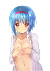 Rule 34 | 1girl, blue hair, blush, breasts, breasts squeezed together, chinese commentary, cleavage, closed mouth, collarbone, commentary, covering privates, covering breasts, dress shirt, eyes visible through hair, fingernails, hair between eyes, hairband, hands up, little busters!, lliissaawwuu2, long sleeves, looking at viewer, medium breasts, medium hair, naked shirt, navel, nishizono mio, no bra, open clothes, open shirt, out-of-frame censoring, red hairband, shiny skin, shirt, simple background, smile, solo, standing, stomach, straight-on, upper body, white background, yellow eyes