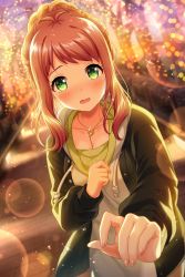 Rule 34 | 1girl, absurdres, agatsuma ren, alternative girls, blush, breasts, cleavage, fang, green eyes, hand on own chest, heart, heart necklace, highres, jewelry, lights, long sleeves, looking at viewer, necklace, official art, open mouth, outdoors, red hair, solo