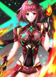 Rule 34 | 1girl, absurdres, black gloves, breasts, chest jewel, earrings, fingerless gloves, fire, gem, gloves, hair ornament, headpiece, highres, jewelry, kentan (kingtaiki), large breasts, nintendo, pyra (xenoblade), red eyes, red hair, red shorts, red thighhighs, short hair, short shorts, shorts, solo, swept bangs, thighhighs, thighs, tiara, xenoblade chronicles (series), xenoblade chronicles 2