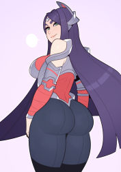 Rule 34 | 1girl, absurdres, ass, bare shoulders, blush, breasts, breath, commentary, green eyes, highres, irelia, large breasts, league of legends, light smile, long hair, looking at viewer, looking back, pants, purple background, purple hair, revision, simple background, solo, splashbrush, thick thighs, thighs, tight clothes, tight pants, very long hair