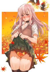 Rule 34 | 1girl, black thighhighs, blue eyes, blush, breasts, brown sweater vest, choker, clothes lift, collared shirt, earrings, fate/grand order, fate (series), green skirt, highres, jewelry, large breasts, leaf, leaf print, long hair, looking at viewer, maple leaf, mitsurugi sugar, miyamoto musashi (fate), orange panties, panties, pink hair, shirt, short sleeves, skirt, skirt lift, solo, sweater vest, thighhighs, thighs, underwear, white shirt