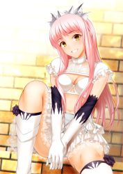 Rule 34 | 1girl, absurdres, blunt bangs, blush, boots, bra, breasts, cleavage, cowboy shot, emanon123, fate/grand order, fate (series), gloves, grin, highres, long hair, looking at viewer, medb (fate), medium breasts, navel, petticoat, pink hair, skirt, smile, solo, tiara, underwear, v arms, white bra, white footwear, white gloves, white skirt, yellow eyes