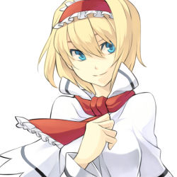 Rule 34 | 1girl, alice margatroid, ascot, bad id, bad pixiv id, blonde hair, blue eyes, face, female focus, hairband, hand on another&#039;s chest, hand on own chest, minoa (lastswallow), simple background, smile, solo, touhou, wind