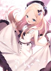 Rule 34 | 1girl, abigail williams (fate), black bow, blonde hair, blue bow, blue eyes, blush, bow, curtsey, dress, fate/grand order, fate (series), forehead, hair bow, highres, long hair, looking at viewer, maosame, multiple hair bows, open mouth, parted bangs, sailor collar, smile, solo, white dress