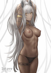 Rule 34 | 1girl, :o, animal ear fluff, animal ears, arm tattoo, armlet, armpits, arms behind head, arms up, bad id, bad pixiv id, black panties, breasts, choker, collarbone, commentary request, cowboy shot, dark-skinned female, dark skin, dated, egyptian mythology, facial mark, highres, large breasts, looking at viewer, navel, nipples, original, panties, parted lips, selcky, skindentation, solo, stomach, sweat, tattoo, thighlet, topless, translation request, underwear, underwear only, white background, yellow eyes