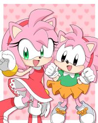 Rule 34 | 2girls, absurdres, amy rose, animal ears, animal nose, arm at side, artist name, backless dress, backless outfit, black eyes, body fur, boots, border, clenched hand, clenched hands, dress, drop shadow, dual persona, female focus, flat chest, full body, furry, furry female, gloves, green eyes, green shirt, grey footwear, hairband, hand up, hands up, happy, heart, heart background, highres, knee boots, leg up, looking at viewer, meru (mer milky77), miniskirt, multiple girls, open mouth, orange skirt, outside border, pink background, pink fur, pink hair, puffy short sleeves, puffy sleeves, red dress, red footwear, red hairband, shirt, short dress, short hair, short sleeves, sidelocks, signature, skirt, sleeveless, sleeveless dress, smile, sonic (series), sonic the hedgehog (classic), standing, standing on one leg, tail, twitter username, white border, white gloves
