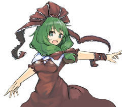 Rule 34 | 1girl, :d, arm ribbon, bow, cross-laced clothes, dress, front ponytail, ginnkei, green eyes, green hair, hair bow, hair ribbon, kagiyama hina, long hair, looking at viewer, one-hour drawing challenge, open mouth, red bow, red dress, red ribbon, ribbon, simple background, smile, solo, touhou, white background