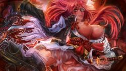 Rule 34 | 1girl, amputee, baiken, bouncing breasts, breasts, breasts out, chain, claw (weapon), colored pubic hair, commentary, dark nipples, eyepatch, facial tattoo, female pubic hair, guilty gear, guilty gear xrd, hand on hilt, highres, japanese clothes, katana, kimono, large breasts, lips, mightyhonk, nipples, no panties, one-eyed, pink eyes, pink hair, pubic hair, pussy, reverse grip, scabbard, scar, scar across eye, scar on face, sheath, solo, sword, tattoo, uncensored, unsheathing, weapon