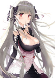 Rule 34 | 1girl, ?, absurdres, azur lane, bare shoulders, between breasts, black dress, black ribbon, blush, breasts, choker, cleavage, commentary, detached sleeves, dress, earrings, finger to mouth, formidable (azur lane), frilled dress, frills, hair ribbon, highres, jewelry, large breasts, long hair, looking at viewer, open mouth, red eyes, ribbon, silver hair, simple background, solo, twintails, two-tone dress, very long hair, white background, white dress, zhiyou ruozhe