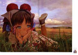 Rule 34 | 1girl, absurdres, black hair, blue flower, blush, boots, brown hair, closed mouth, cloud, color guide, feet up, field, flower, grass, green eyes, hair flower, hair ornament, hands on own face, head rest, highres, long hair, lying, murata range, non-web source, on stomach, original, outdoors, pantyhose, pom pom (clothes), scan, shirt, shoe soles, sky, solo