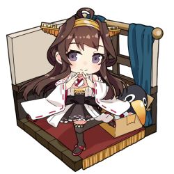 Rule 34 | 1girl, ahoge, alakoala, boots, box, brown hair, detached sleeves, double bun, failure penguin, hairband, headgear, heart, heart hands, isometric, japanese clothes, kantai collection, kongou (kancolle), long hair, looking at viewer, ribbon-trimmed sleeves, ribbon trim, simple background, smile, solo, standing, standing on one leg, thigh boots, thighhighs, white background, window