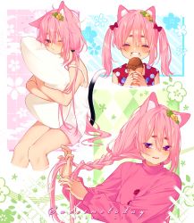 Rule 34 | 1girl, ^ ^, absurdres, animal ears, bare legs, bare shoulders, braid, cat ears, cat girl, cat tail, closed eyes, closed eyes, food, highres, ice cream, long hair, long sleeves, hugging object, one eye closed, open mouth, original, pants, pillow, pillow hug, pink hair, pink pants, pink shorts, pink sweater, red eyes, red shirt, shirt, shorts, single braid, smile, sweater, sweetmeloday, tail, tank top, teeth, twintails, white tank top