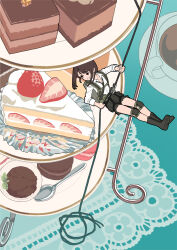 Rule 34 | 1girl, absurdres, arimoto wataru, black necktie, brown hair, cake, cake slice, climbing rope, coffee, coffee cup, cup, dessert, disposable cup, food, fruit, grey shorts, highres, knee pads, macaron, necktie, original, pastry, plate, red eyes, rope, saucer, shirt, shorts, solo, spoon, strawberry, strawberry shortcake, white shirt