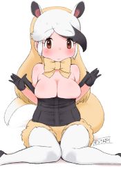 Rule 34 | 1girl, animal ears, anteater ears, anteater tail, bare shoulders, black gloves, black hair, blonde hair, bow, bowtie, breasts, brown eyes, commentary, extra ears, eyes visible through hair, gloves, highres, kemono friends, large breasts, pantyhose under shorts, long hair, looking at viewer, masuyama ryou, multicolored hair, no shirt, northern tamandua (kemono friends), pantyhose, short shorts, shorts, simple background, sitting, solo, tail, wariza, white background, white hair, white pantyhose, yellow bow, yellow shorts