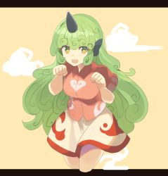 Rule 34 | 1girl, breasts, cloud, commentary request, cropped legs, curly hair, falken (yutozin), green eyes, green hair, hands up, highres, horns, komano aunn, letterboxed, long hair, looking at viewer, medium breasts, one-hour drawing challenge, open mouth, paw pose, red shirt, shirt, short sleeves, simple background, single horn, skirt, solo, thighs, touhou, very long hair, white skirt, wing collar, yellow background