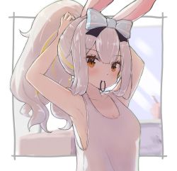 Rule 34 | 1girl, adjusting hair, armpits, blonde hair, blue bow, bow, breasts, brown eyes, cleavage, commentary request, hair bow, highres, looking at viewer, mochizuki himari, mouth hold, ponytail, rabbit, radicalfool, short hair, sidelocks, small breasts, solo, uni create, virtual youtuber, white hair