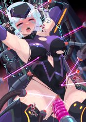 Rule 34 | 1girl, ahegao, android, android mk.99, arms up, blue hair, blush, breasts, censored, commission, da (da 3939), facial tattoo, guardian tales, highres, laser, leotard, medium breasts, medium hair, mosaic censoring, object insertion, pink eyes, restrained, rolling eyes, saliva, sex, sex machine, skeb commission, smoke, solo, sound effects, speech bubble, stationary restraints, sweat, tattoo, torn clothes, vaginal, vaginal object insertion