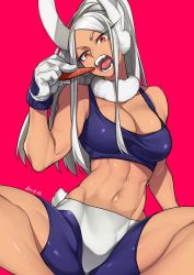 Rule 34 | 1girl, animal ears, bike shorts, boku no hero academia, breasts, carrot, commentary, dark-skinned female, dark skin, gloves, highres, holding, large breasts, long hair, midriff, mirko, navel, open mouth, rabbit ears, rabbit girl, rabbit tail, red background, red eyes, solo, sports bra, symbol-only commentary, tail, takatsuki ichi, teeth, white gloves, white hair