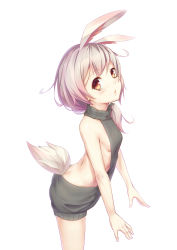 Rule 34 | 1girl, absurdres, animal ears, backless outfit, benghuai xueyuan, blush, breasts, brown eyes, butt crack, dress, fox ears, from side, grey hair, grey sweater, hair over shoulder, halterneck, highres, honkai (series), long hair, looking at viewer, meme attire, naked sweater, parted lips, ribbed sweater, ruochongsang, sideboob, simple background, small breasts, solo, sweater, sweater dress, tail, theresa apocalypse, theresa apocalypse (sakuno rondo), turtleneck, turtleneck sweater, virgin killer sweater, white background
