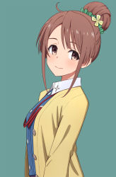 Rule 34 | 10s, 1girl, ahoge, blush, buttons, closed mouth, green background, hair bun, hair ornament, highres, jacket, long sleeves, open clothes, open jacket, sakura quest, shinomiya shiori, short hair with long locks, sidelocks, simple background, single hair bun, smile, solo, tareme, unbuttoned, upper body, wing collar, yahiro (epicopeiidae), yellow jacket
